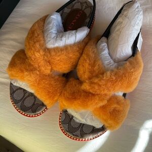Coach Orange Fuzzy Slippers
